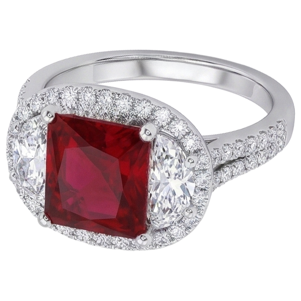 Funkelnder 3 Karat Prinzessin Red Ruby Three Stone Style Ring WG 14K