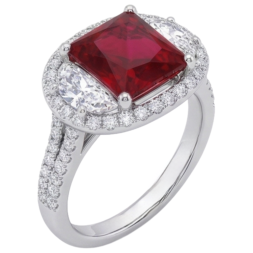Funkelnder 3 Karat Prinzessin Red Ruby Three Stone Style Ring WG 14K