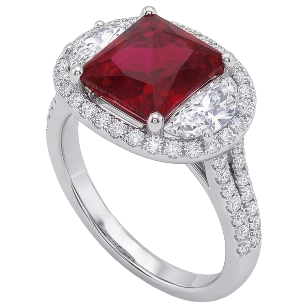 Funkelnder 3 Karat Prinzessin Red Ruby Three Stone Style Ring WG 14K