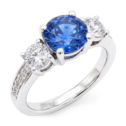 Funkelnder Aus der Erde Abgebauter Natürlicher Diamant Ehering Rund Ceylon Blauer Saphir 2,50 Karat