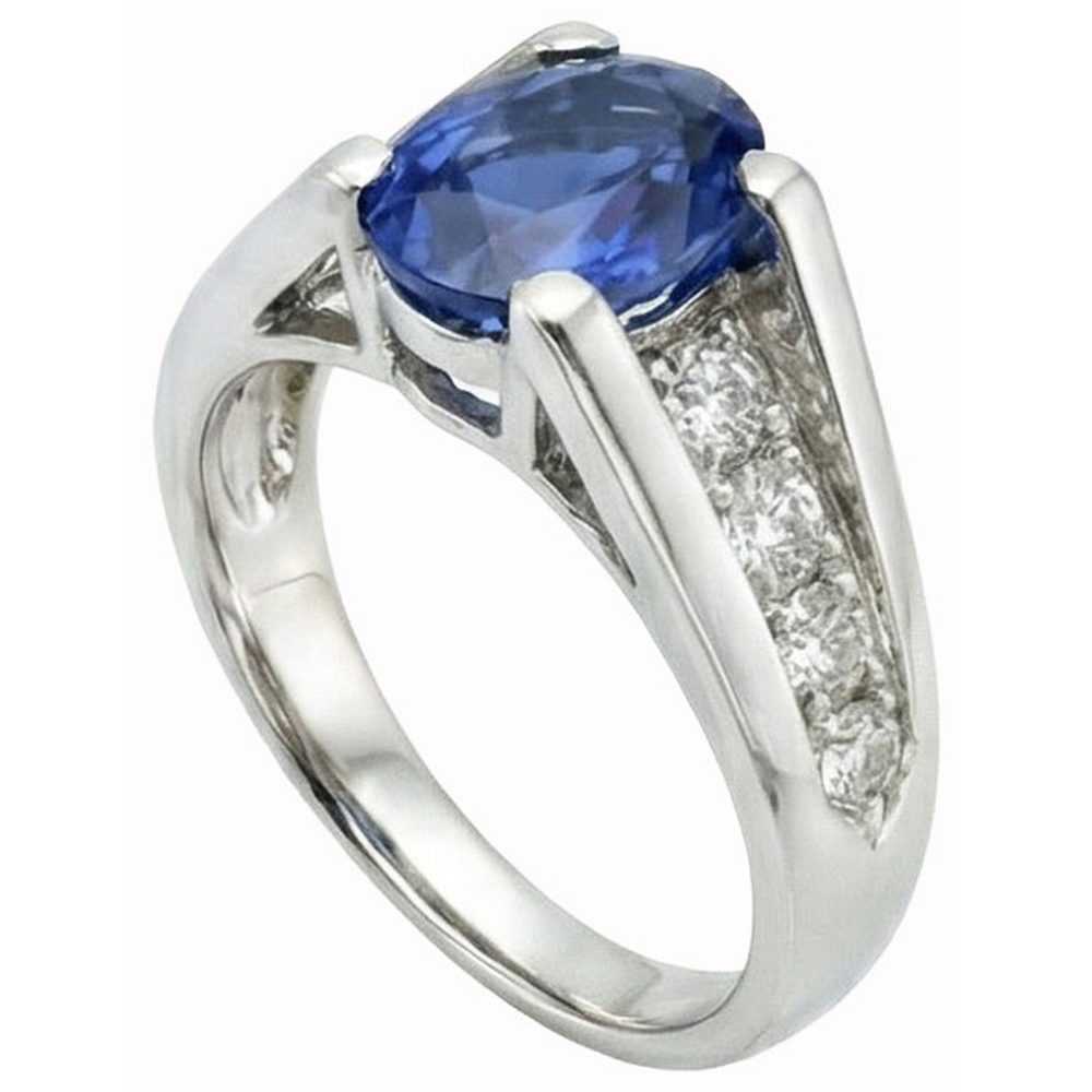 Funkelnder ovaler Ceylon-Saphir-Aus der Erde Abgebauter Natürlicher Diamant-Ring 2.10 Karat Weißgold