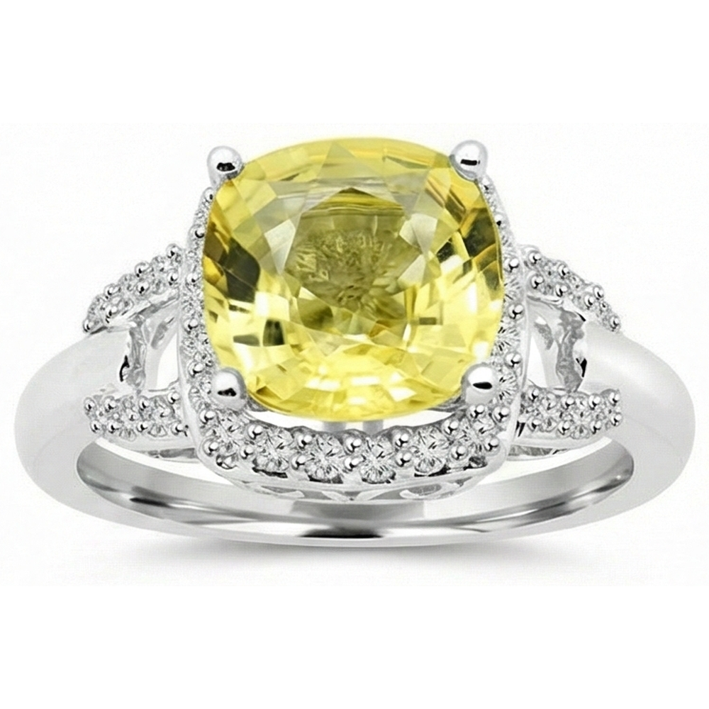 Gelber Saphir und Aus der Erde Abgebauter Natürlicher Diamanten 4 Karat Ring Weißgold 14K