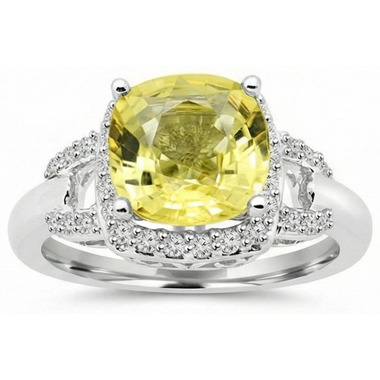 Gelber Saphir und Aus der Erde Abgebauter Natürlicher Diamanten 4 Karat Ring Weißgold 14K
