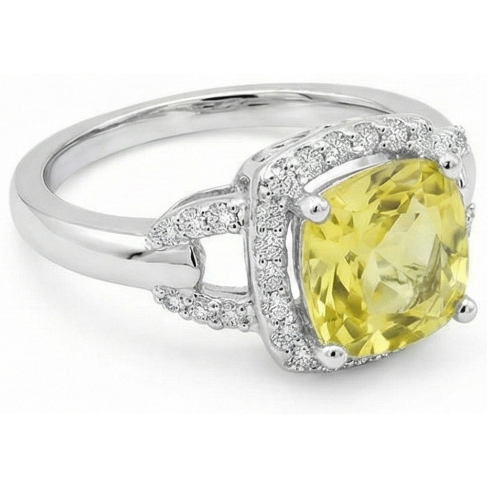 Gelber Saphir und Aus der Erde Abgebauter Natürlicher Diamanten 4 Karat Ring Weißgold 14K