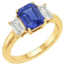 Gelbgold 3 Steine Blauer Saphir & Aus der Erde Abgebauter Natürlicher Diamant Ring 9 Karat