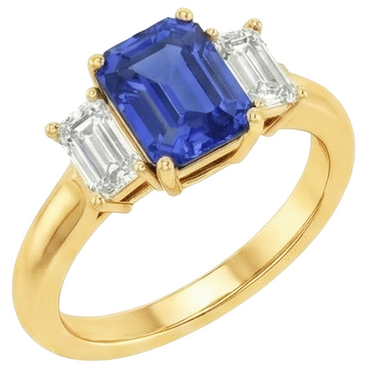 Gelbgold 3 Steine Blauer Saphir & Aus der Erde Abgebauter Natürlicher Diamant Ring 9 Karat
