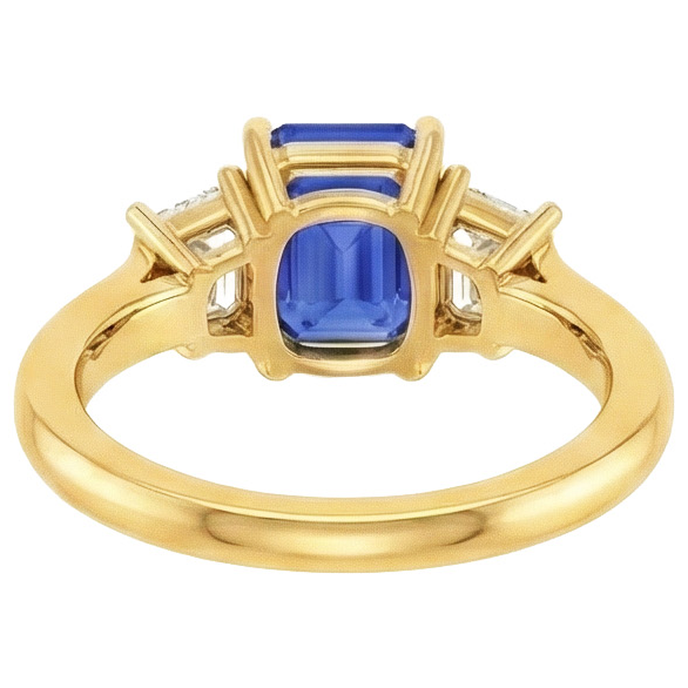 Gelbgold 3 Steine Blauer Saphir & Aus der Erde Abgebauter Natürlicher Diamant Ring 9 Karat
