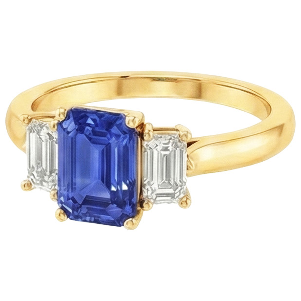 Gelbgold 3 Steine Blauer Saphir & Aus der Erde Abgebauter Natürlicher Diamant Ring 9 Karat