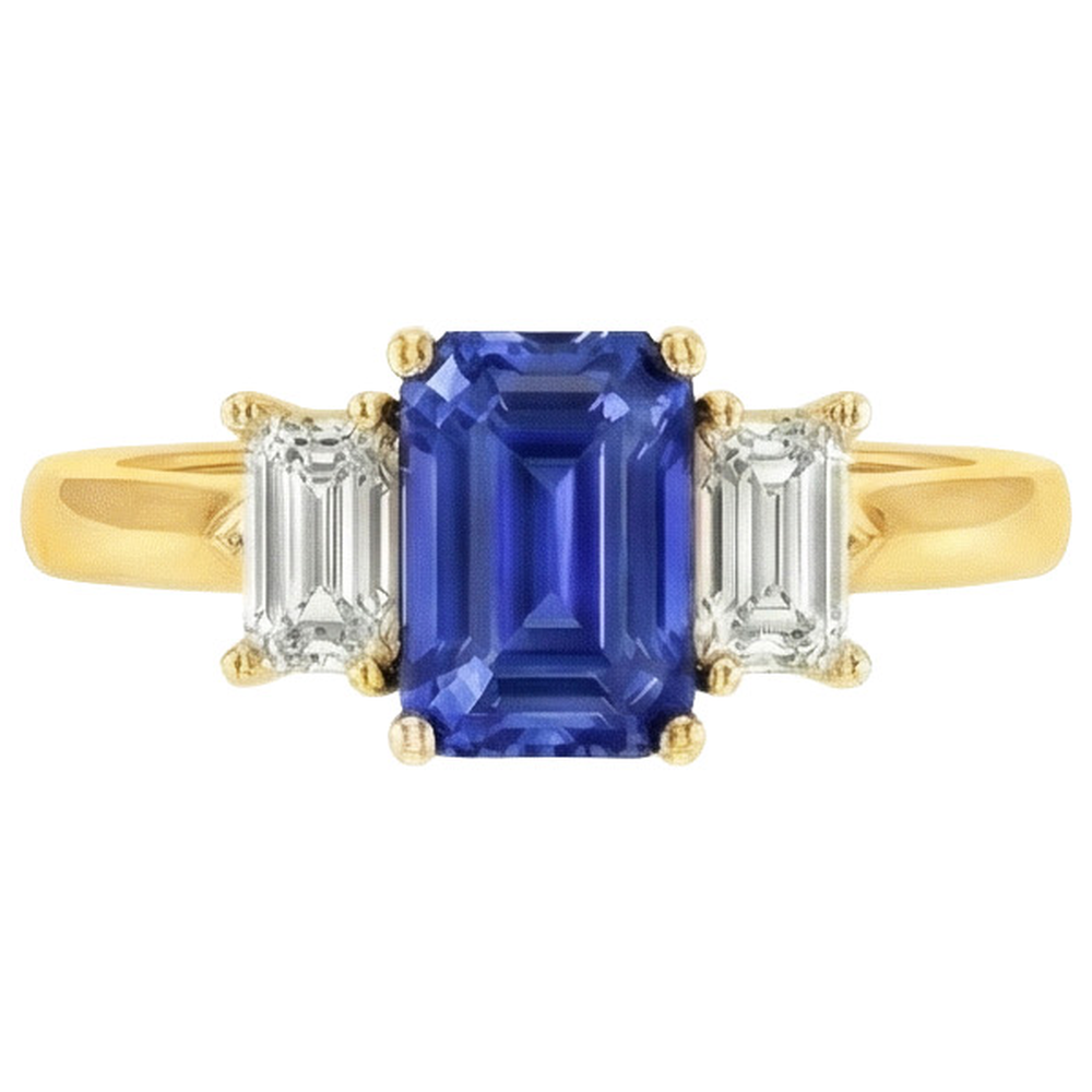Gelbgold 3 Steine Blauer Saphir & Aus der Erde Abgebauter Natürlicher Diamant Ring 9 Karat