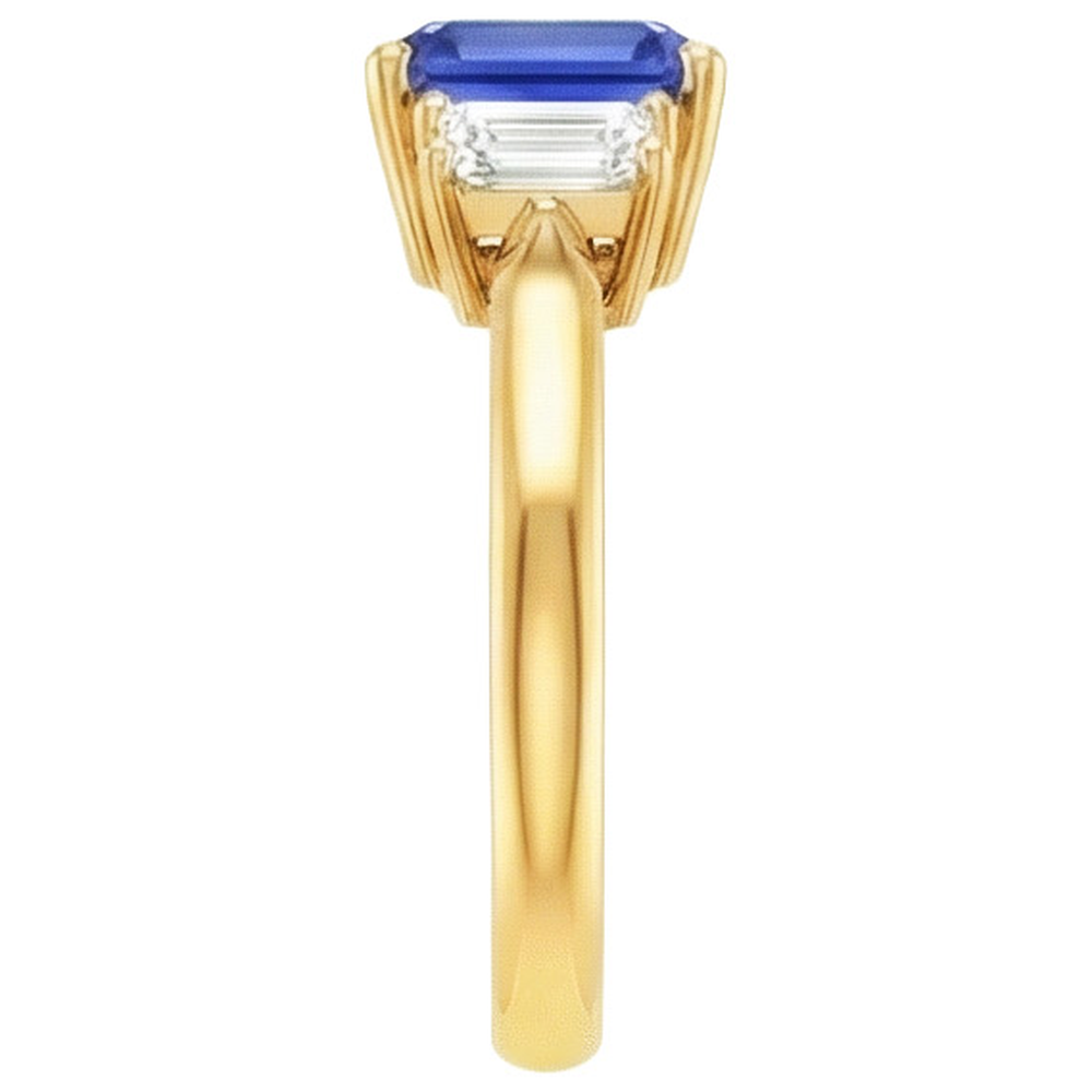Gelbgold 3 Steine Blauer Saphir & Aus der Erde Abgebauter Natürlicher Diamant Ring 9 Karat
