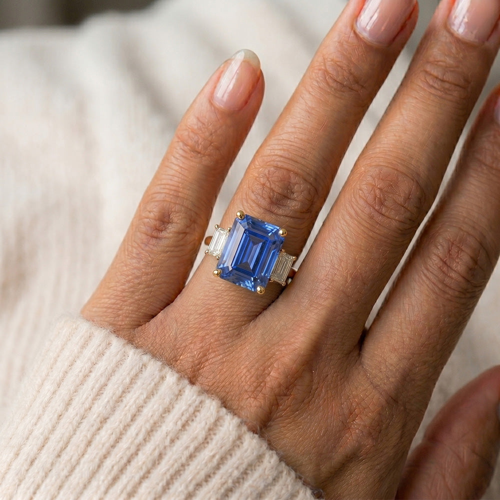 Gelbgold 3 Steine Blauer Saphir & Aus der Erde Abgebauter Natürlicher Diamant Ring 9 Karat