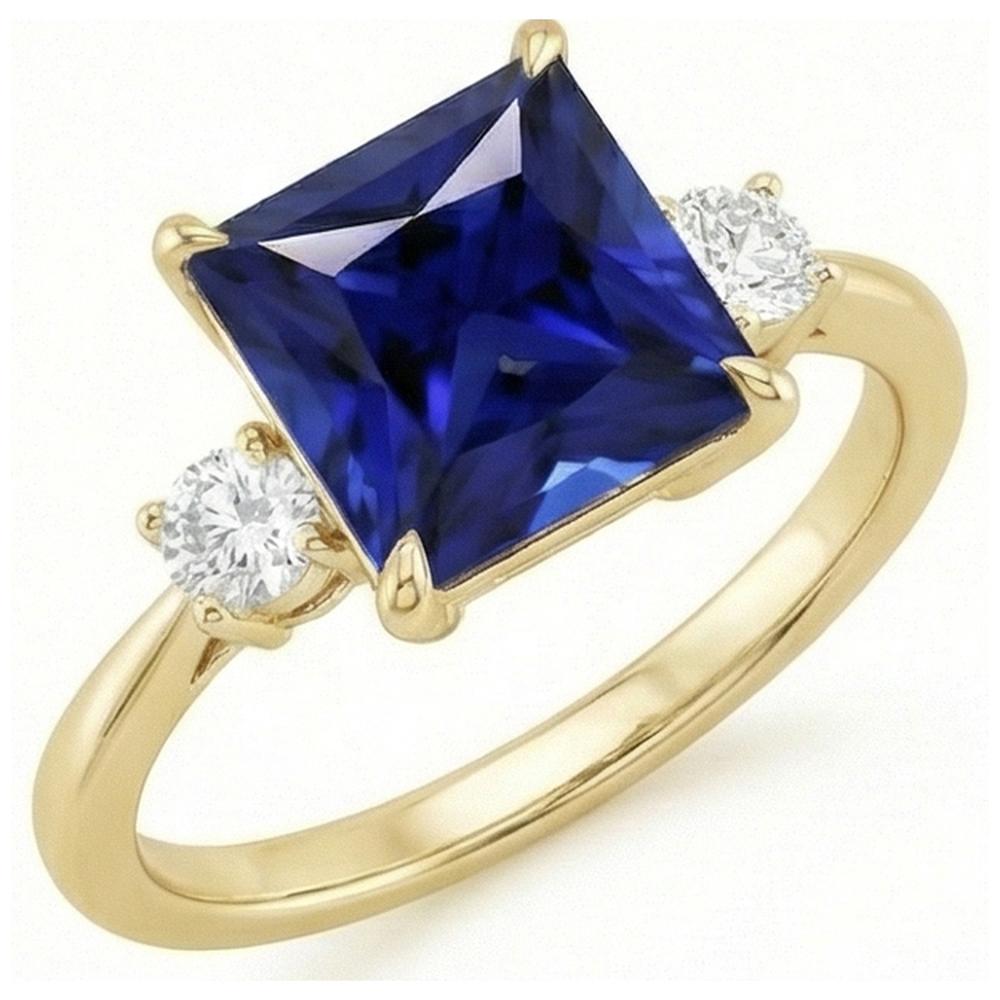 Gelbgold 3 Steine Ring Prinzessin Blauer Saphir & Aus der Erde Abgebauter Natürlicher Diamanten 5,25 Karat