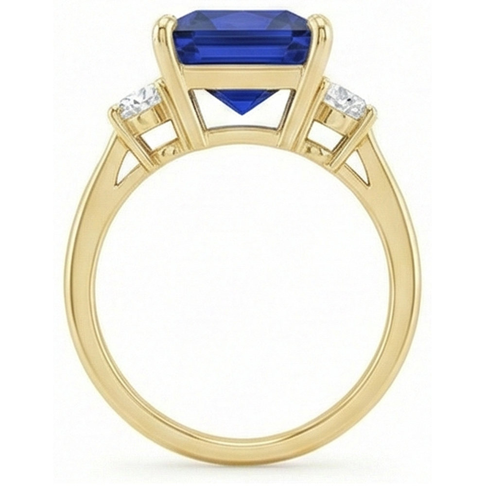 Gelbgold 3 Steine Ring Prinzessin Blauer Saphir & Aus der Erde Abgebauter Natürlicher Diamanten 5,25 Karat