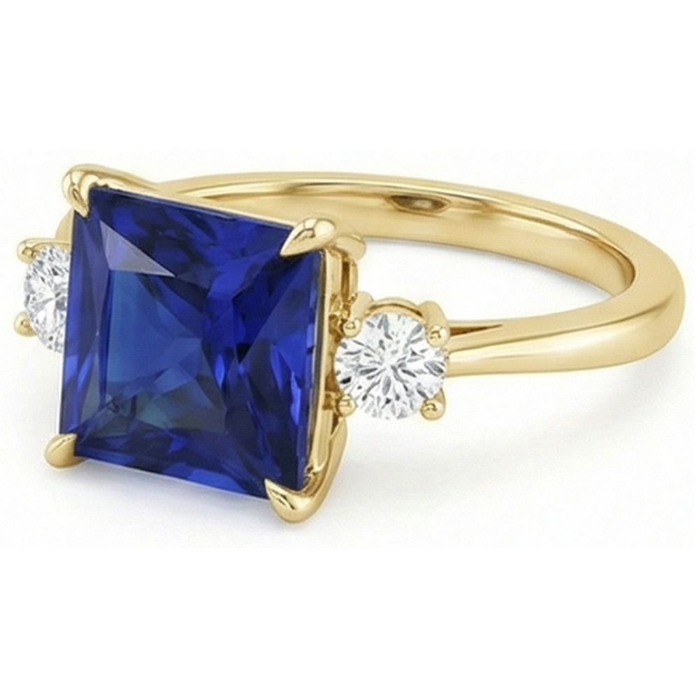 Gelbgold 3 Steine Ring Prinzessin Blauer Saphir & Aus der Erde Abgebauter Natürlicher Diamanten 5,25 Karat