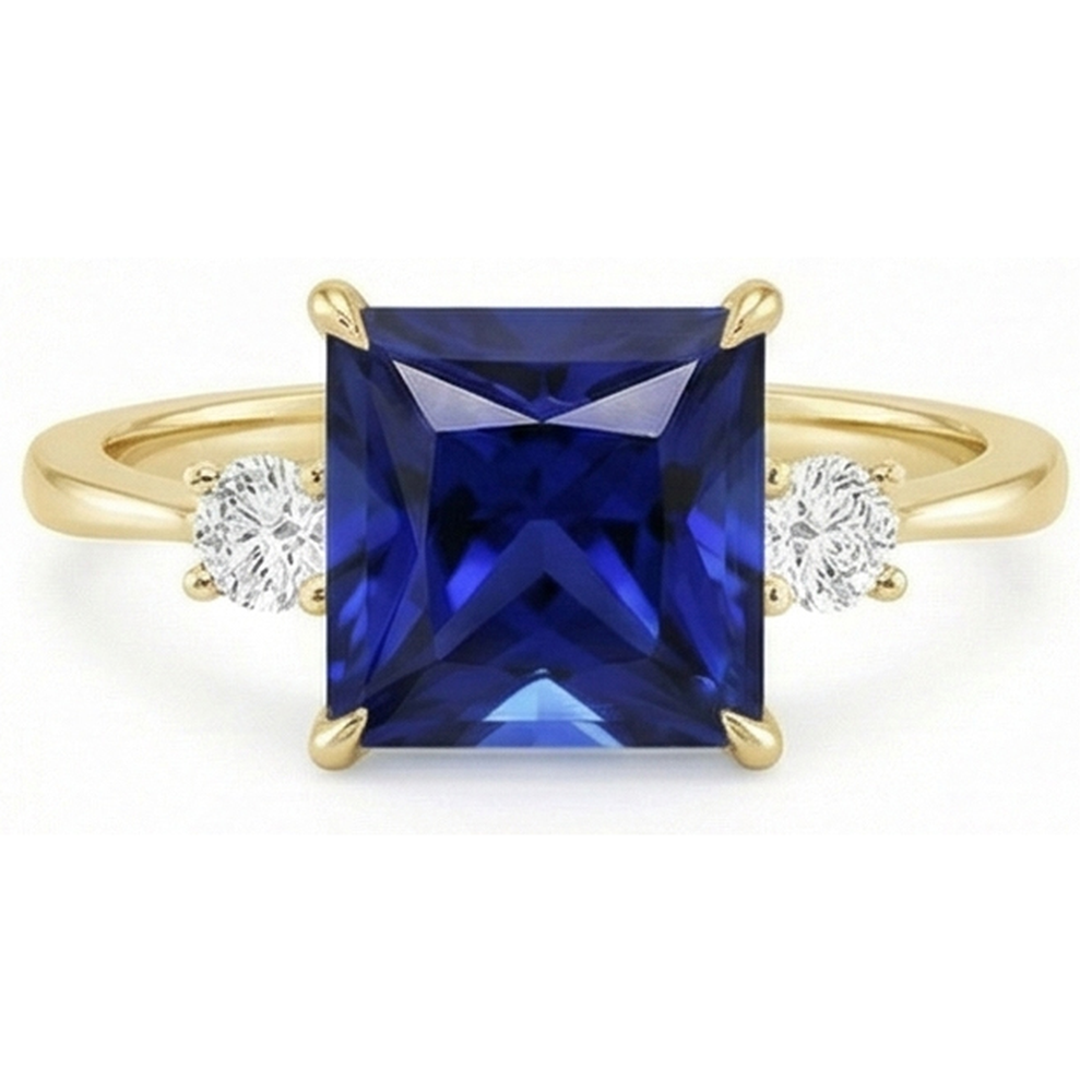 Gelbgold 3 Steine Ring Prinzessin Blauer Saphir & Aus der Erde Abgebauter Natürlicher Diamanten 5,25 Karat