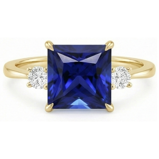 Gelbgold 3 Steine Ring Prinzessin Blauer Saphir & Aus der Erde Abgebauter Natürlicher Diamanten 5,25 Karat