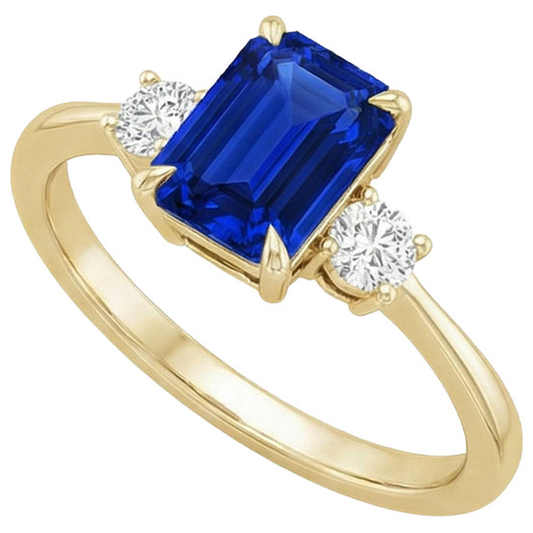 Gelbgold Smaragd 3 Steine Ring Blauer Saphir & Aus der Erde Abgebauter Natürlicher Diamant 3,50 Karat