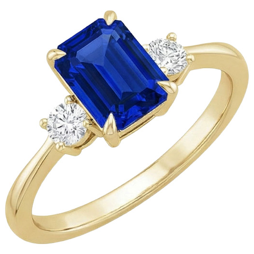 Gelbgold Smaragd 3 Steine Ring Blauer Saphir & Aus der Erde Abgebauter Natürlicher Diamant 3,50 Karat