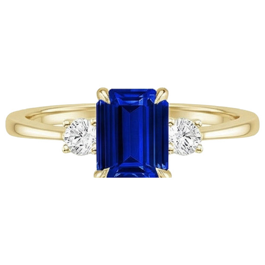 Gelbgold Smaragd 3 Steine Ring Blauer Saphir & Aus der Erde Abgebauter Natürlicher Diamant 3,50 Karat