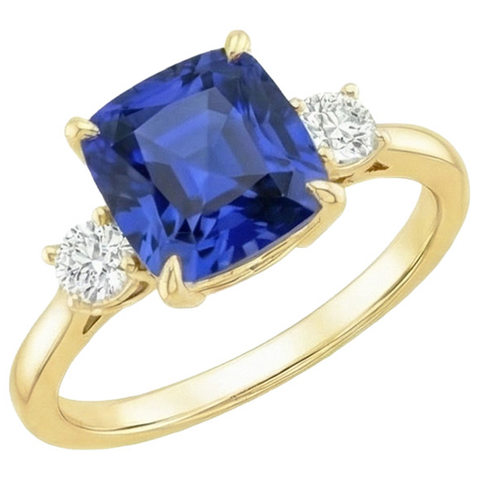 Gelbgold runder Aus der Erde Abgebauter Natürlicher Diamant & Kissen blauer Saphir Ring 2,75 Karat Neu