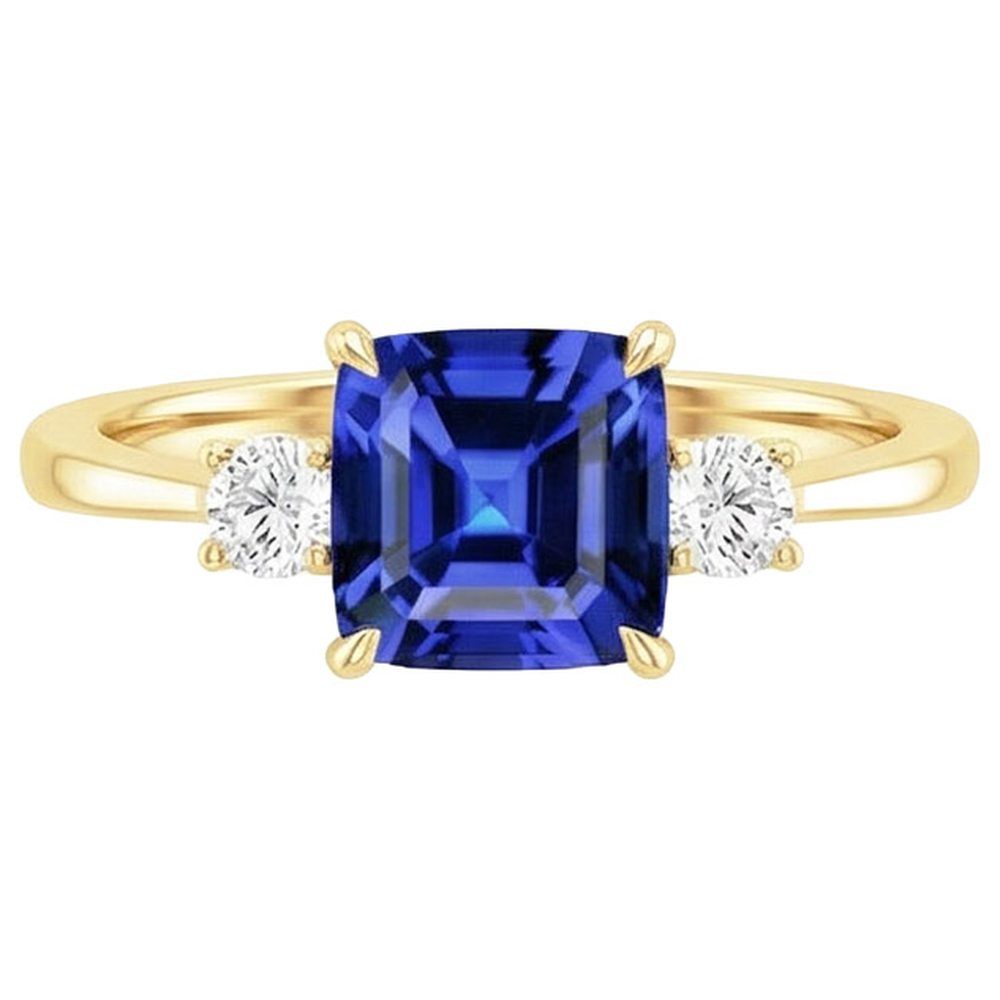 Gelbgold runder Aus der Erde Abgebauter Natürlicher Diamant & Kissen blauer Saphir Ring 2,75 Karat Neu