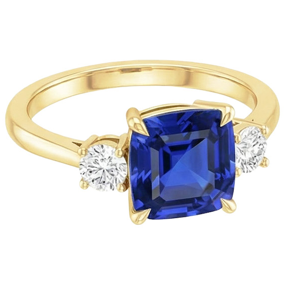 Gelbgold runder Aus der Erde Abgebauter Natürlicher Diamant & Kissen blauer Saphir Ring 2,75 Karat Neu