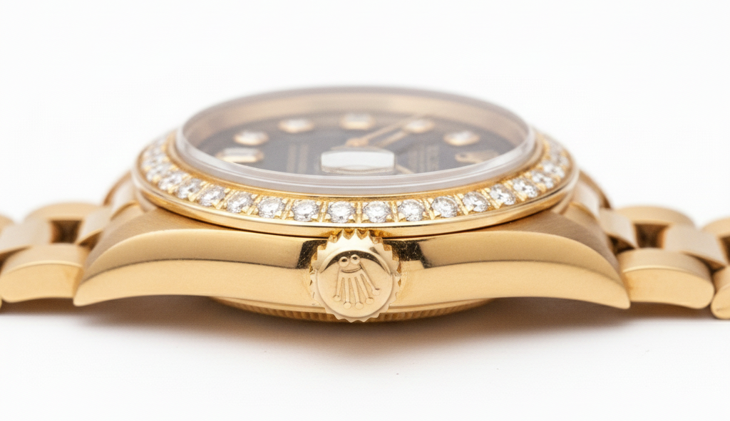 Gelbgold Präsidentenstil Rolex Date Just Uhr, Lünette, Diamant-Zifferblatt, Schwarz
