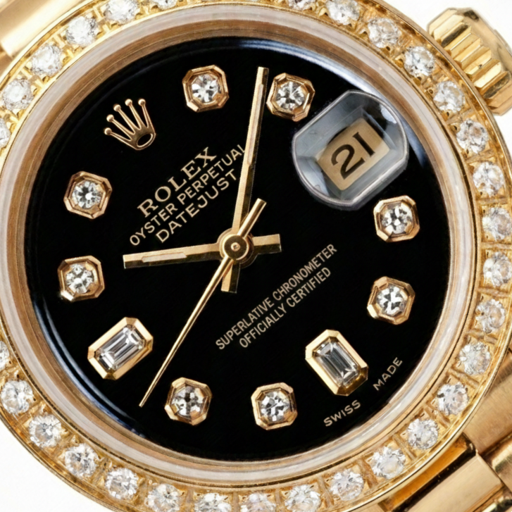Gelbgold Präsidentenstil Rolex Date Just Uhr, Lünette, Diamant-Zifferblatt, Schwarz