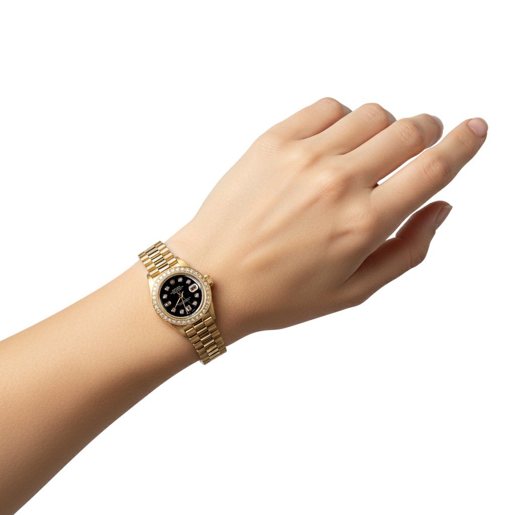 Gelbgold Präsidentenstil Rolex Date Just Uhr, Lünette, Diamant-Zifferblatt, Schwarz P2