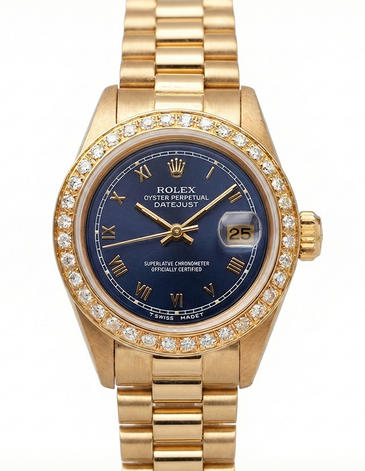 Gelbgold Rolex Damenuhr im Präsidentenstil mit Datum, nur blaues römisches Zifferblatt