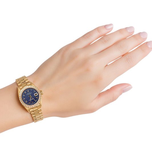 Gelbgold Rolex Damenuhr im Präsidentenstil mit Datum, nur blaues römisches Zifferblatt P2