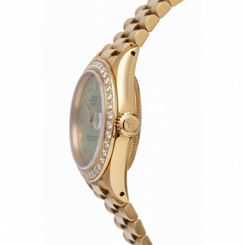 Gelbgold Rolex Datejust Präsidentenstil Uhr mit Diamantlünette und arabischem Zifferblatt