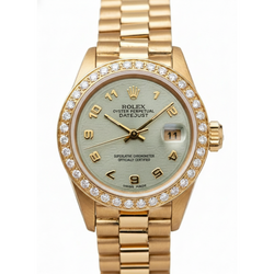 Gelbgold Rolex Datejust Präsidentenstil Uhr mit Diamantlünette und arabischem Zifferblatt