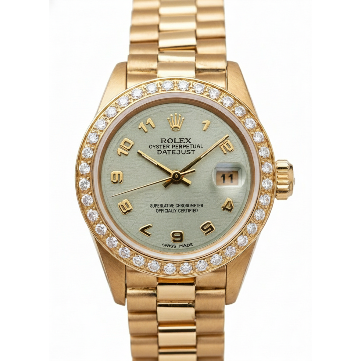 Gelbgold Rolex Datejust Präsidentenstil Uhr mit Diamantlünette und arabischem Zifferblatt