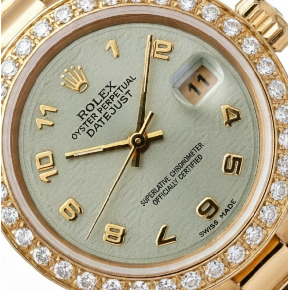 Gelbgold Rolex Datejust Präsidentenstil Uhr mit Diamantlünette und arabischem Zifferblatt