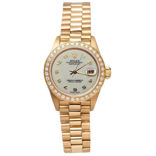 Gelbgold Rolex Datejust Präsidentenstil Uhr mit Diamantlünette und arabischem Zifferblatt
