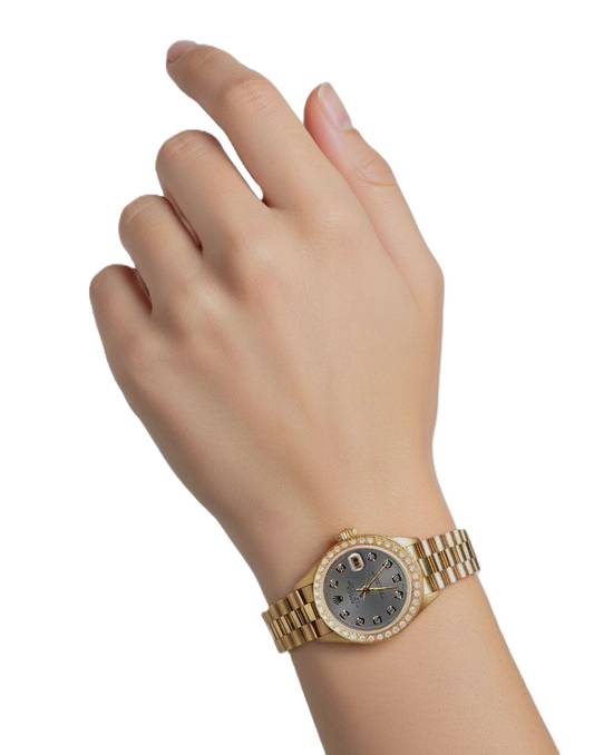 Gelbgold Rolex Präsidentenstil Uhr mit grauem Diamant-Zifferblatt und Lünette für Damen P2