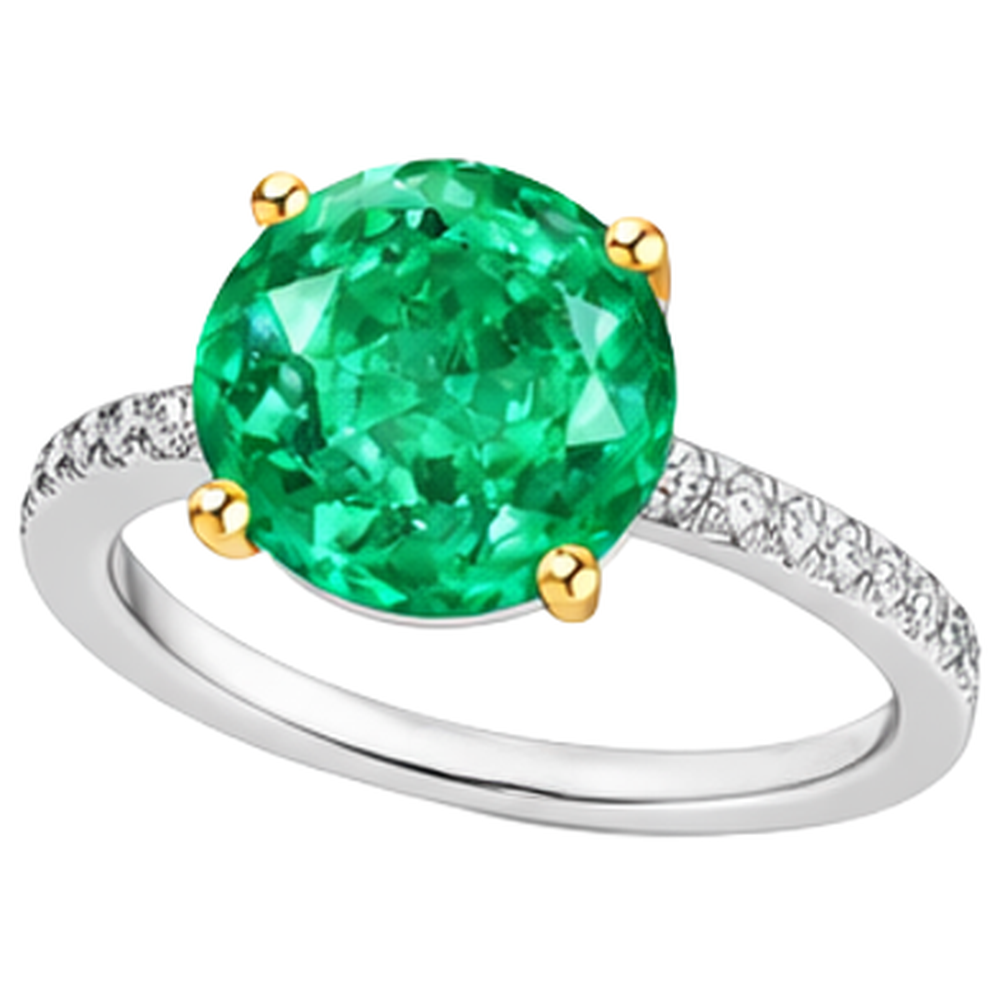 Kolumbianischer Smaragd Rund-Brillant Edelstein-Ring in Zweifarbiges 14K Gold – Frontansicht