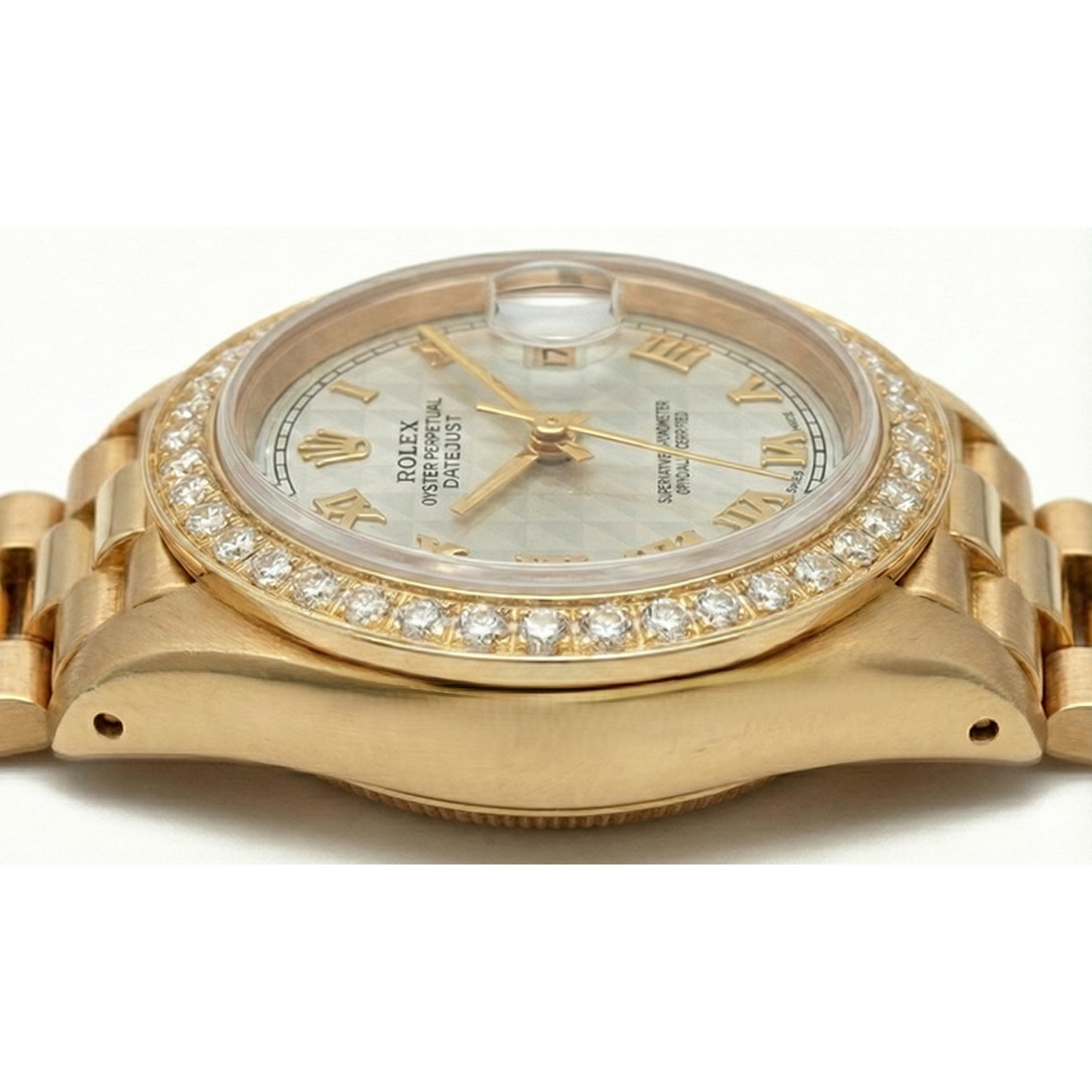 Geriffelte Lünette, weißes Stick-Zifferblatt, Rolex Herren Edelstahl Jubilee-Armband, Rolex SCHNELLES EINSTELLEN