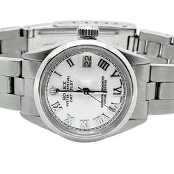 Glatte Lünette, weißes römisches Zifferblatt, Rolex Datejust Damenuhr Edelstahl Oyster