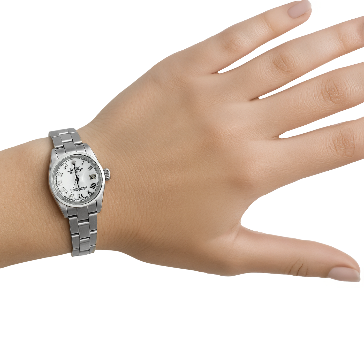 Glatte Lünette, weißes römisches Zifferblatt, Rolex Datejust Damenuhr Edelstahl Oyster