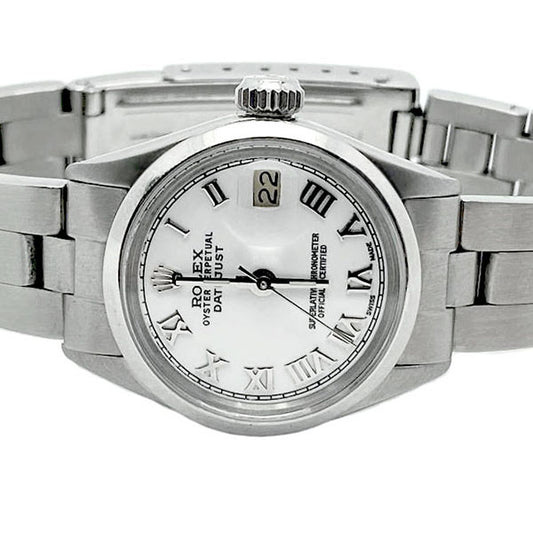 Glatte Lünette, weißes römisches Zifferblatt, Rolex Datejust Damenuhr Edelstahl Oyster