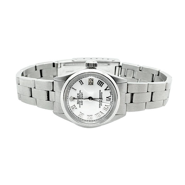 Glatte Lünette, weißes römisches Zifferblatt, Rolex Datejust Damenuhr Edelstahl Oyster
