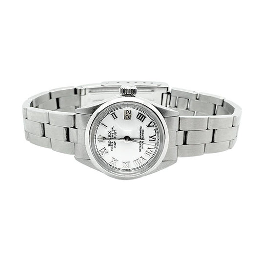 Glatte Lünette, weißes römisches Zifferblatt, Rolex Datejust Damenuhr Edelstahl Oyster