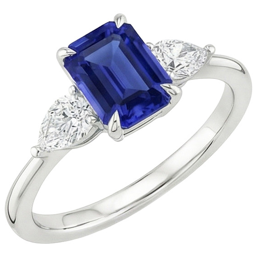 Gold 3 Steine Ring Smaragdschliff blauer Saphir & Birnendiamant 3,50 Karat