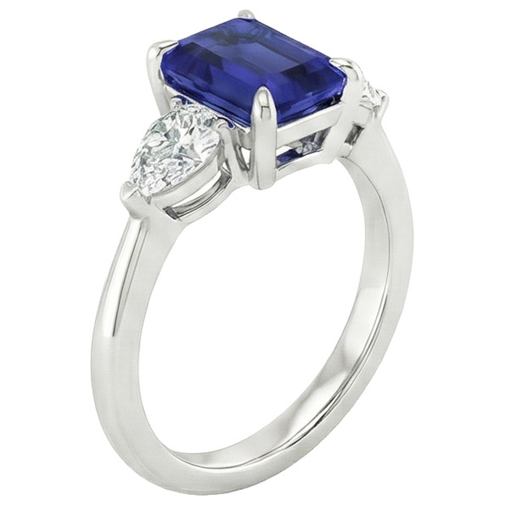 Gold 3 Steine Ring Smaragdschliff blauer Saphir & Birnendiamant 3,50 Karat