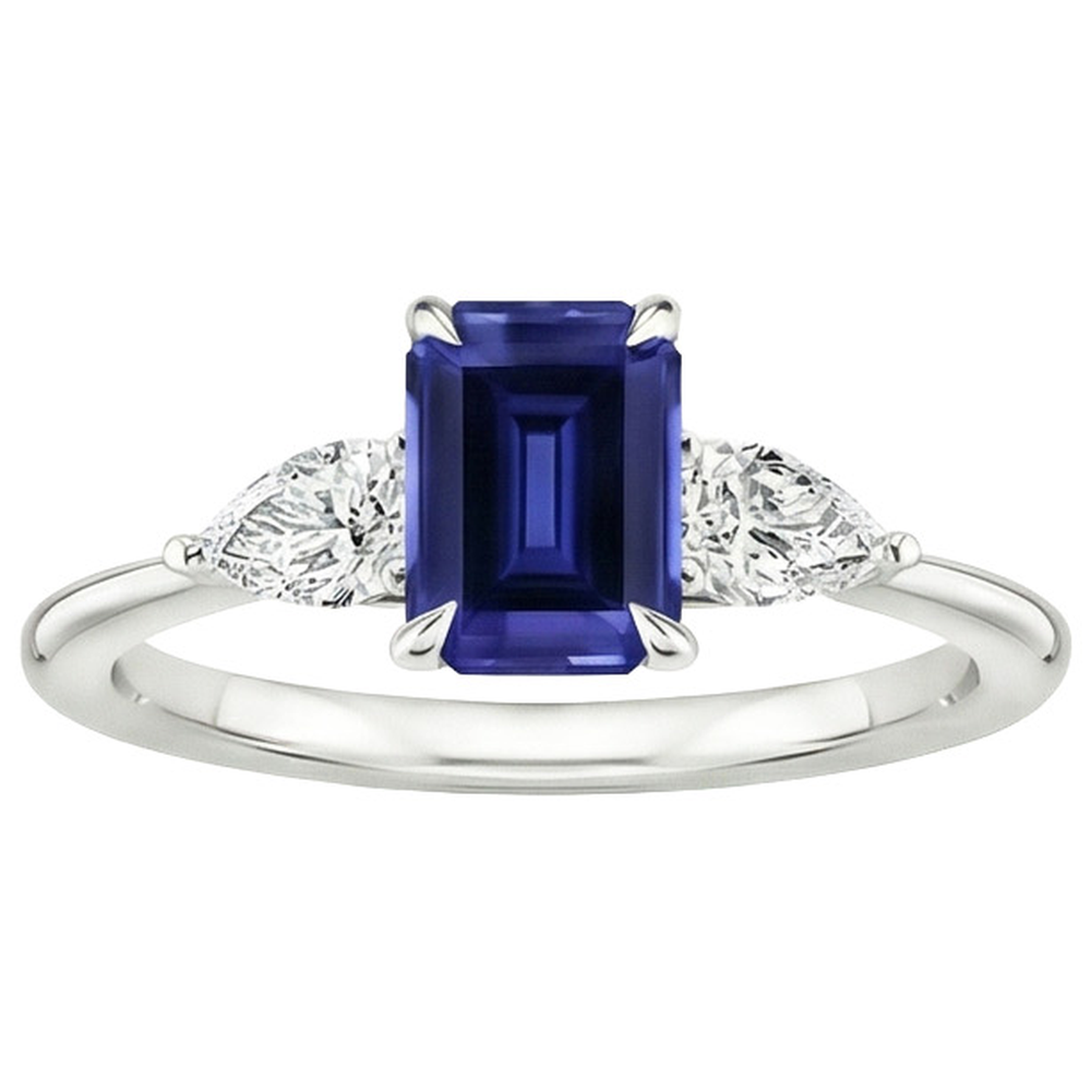 Gold 3 Steine Ring Smaragdschliff blauer Saphir & Birnendiamant 3,50 Karat