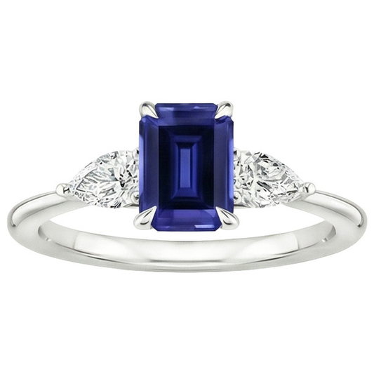 Gold 3 Steine Ring Smaragdschliff blauer Saphir & Birnendiamant 3,50 Karat