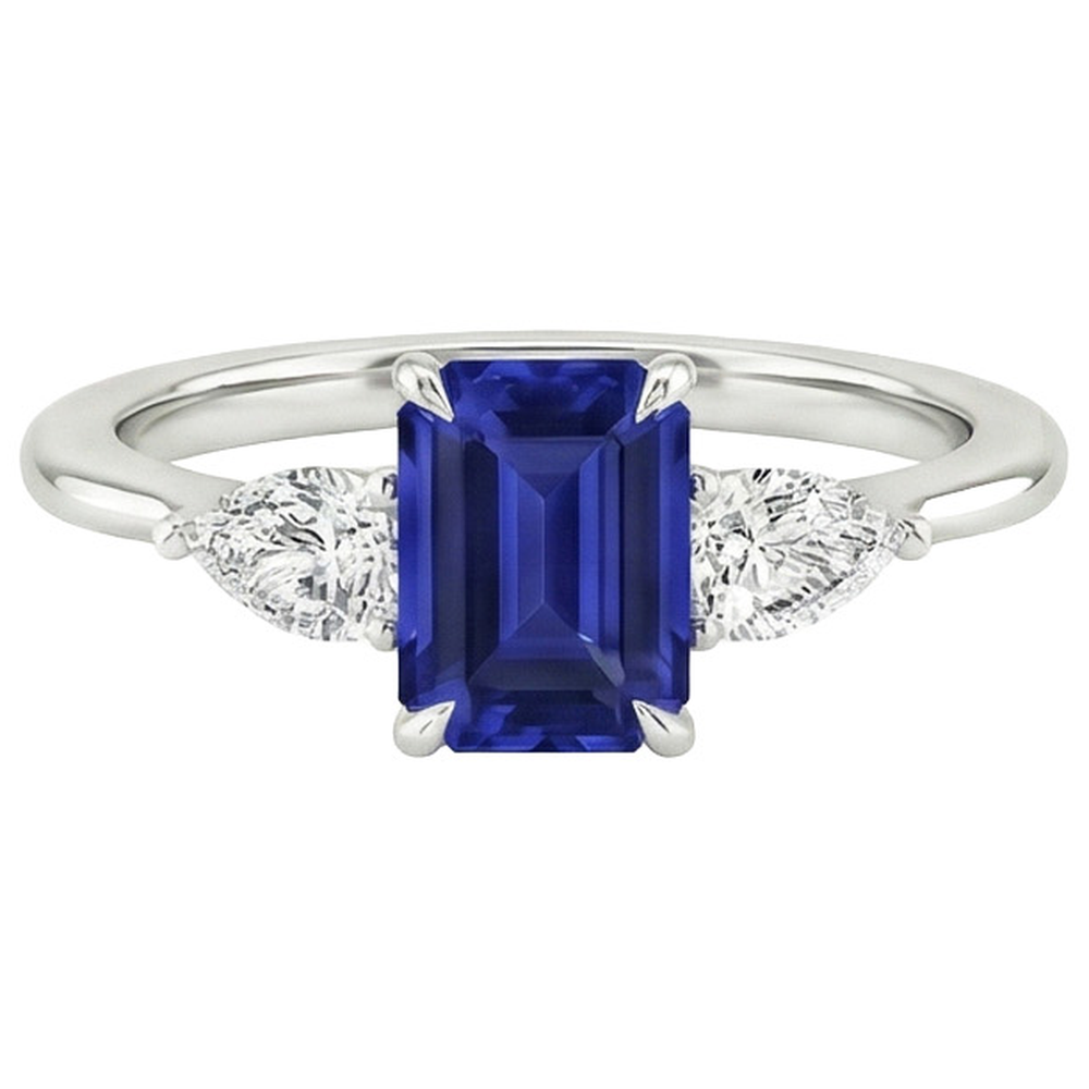 Gold 3 Steine Ring Smaragdschliff blauer Saphir & Birnendiamant 3,50 Karat
