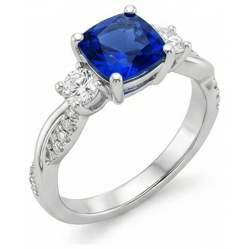 Gold 3 Steine Stil Ringkissen Blauer Saphir Mit Akzenten 2,75 Karat